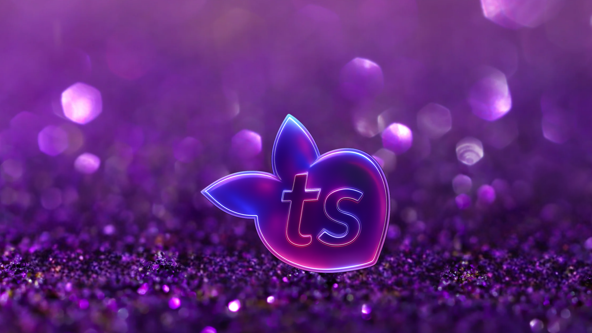 Neon blue and pink logo with 'ts' on a purple glittery background