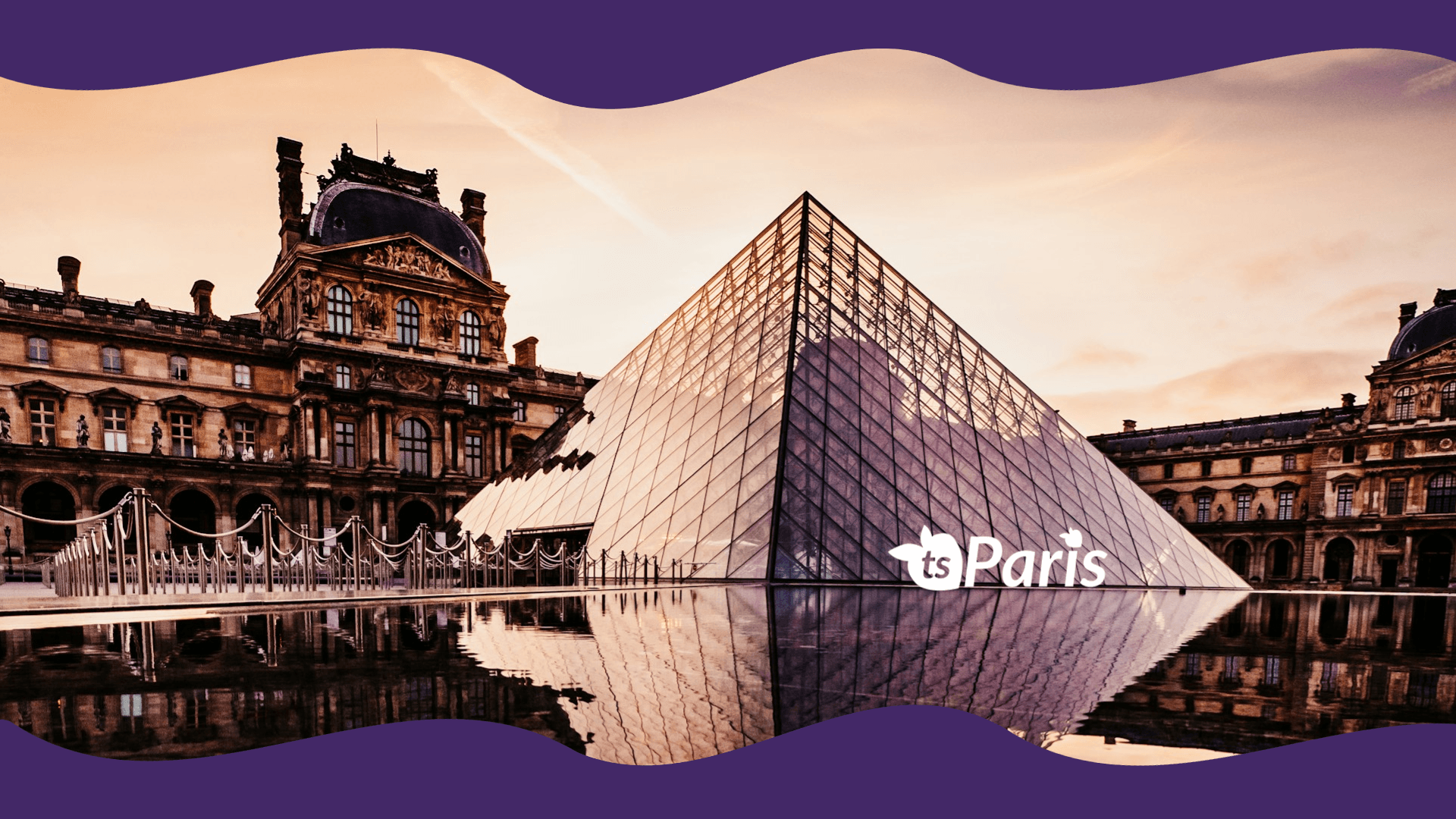 Glass pyramid and classical architecture with 'ts Paris' logo at sunset by tsgabrielle