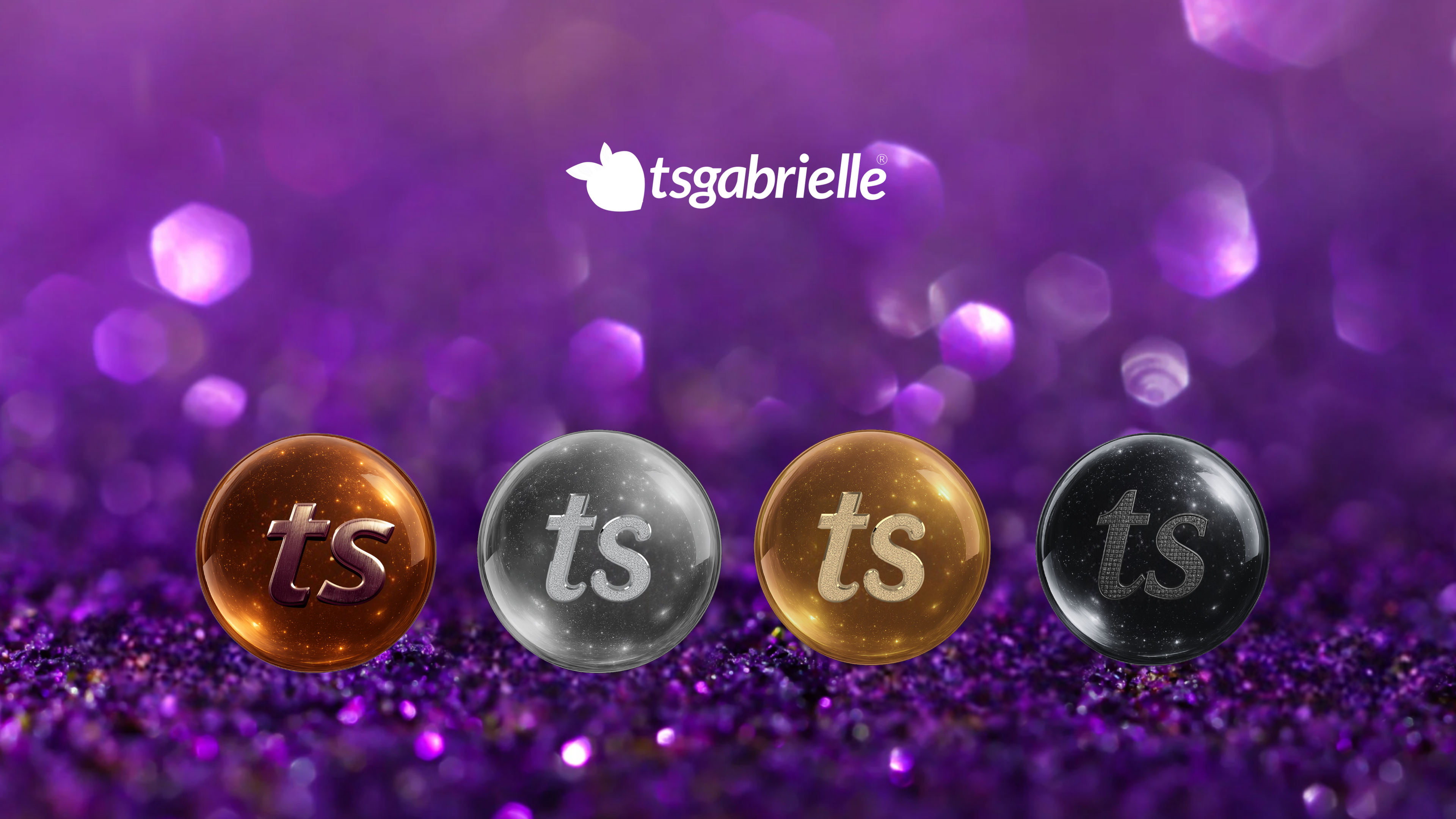Four colorful marbles with 'ts' logo on a purple glittery background, featuring the brand 'tsgabrielle'.