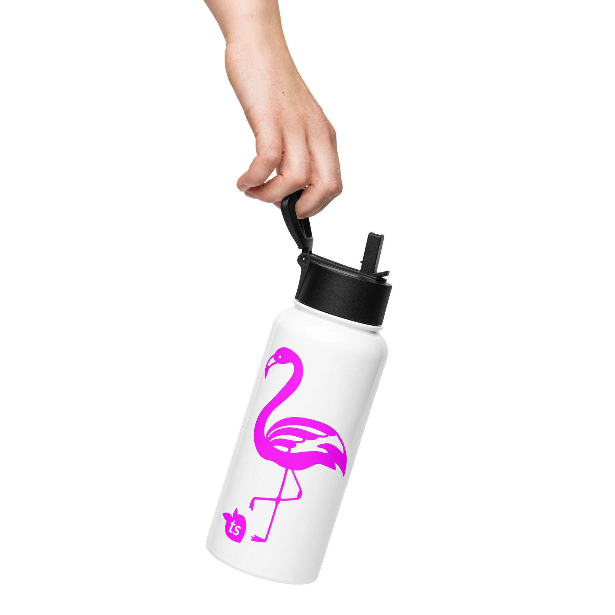 tsgabrielle® • Flamant 🦩 Rose • Water Bottle with a Straw Lid • Stainless Steel • White • 950 ml