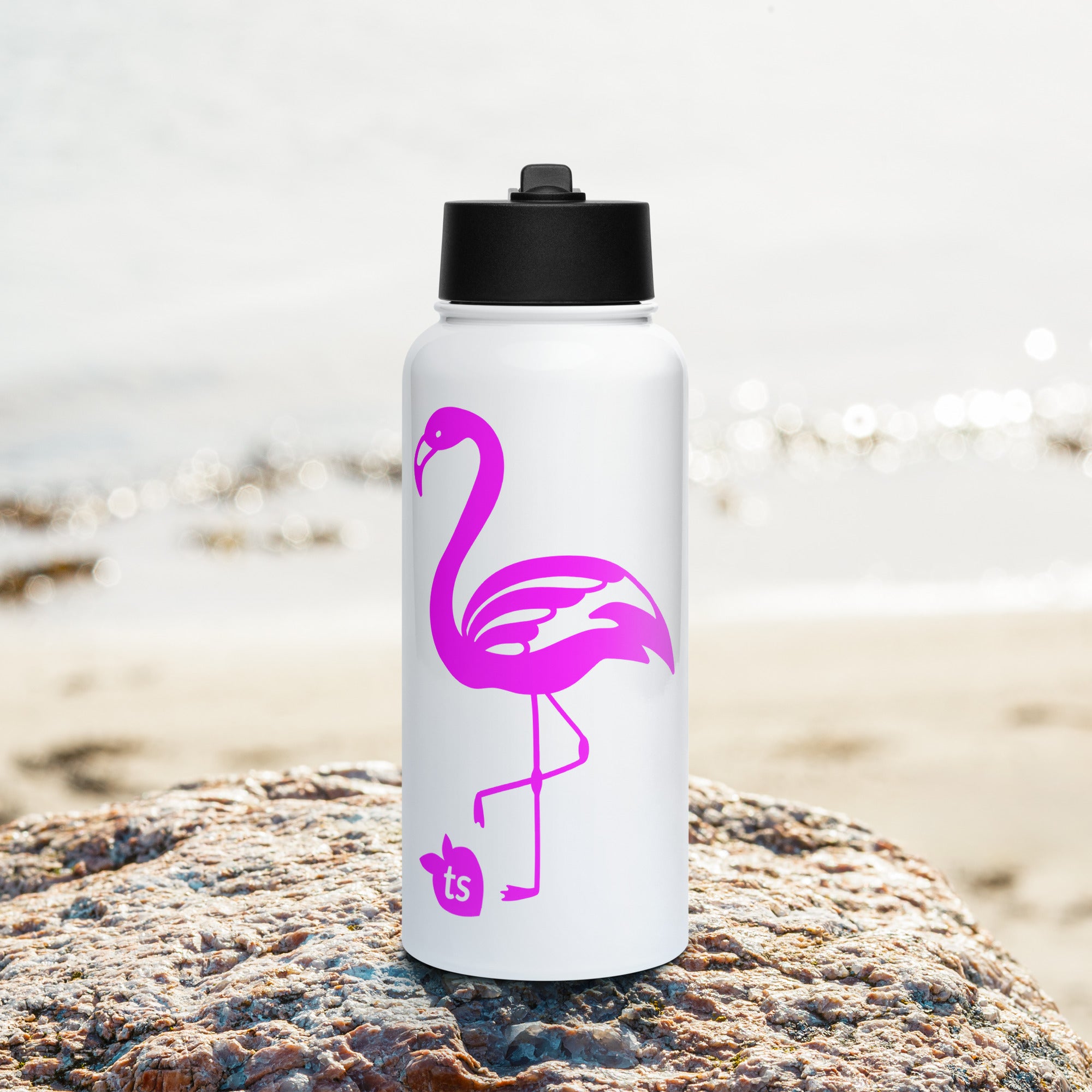 tsgabrielle® • Flamant 🦩 Rose • Water Bottle with a Straw Lid • Stainless Steel • White • 950 ml