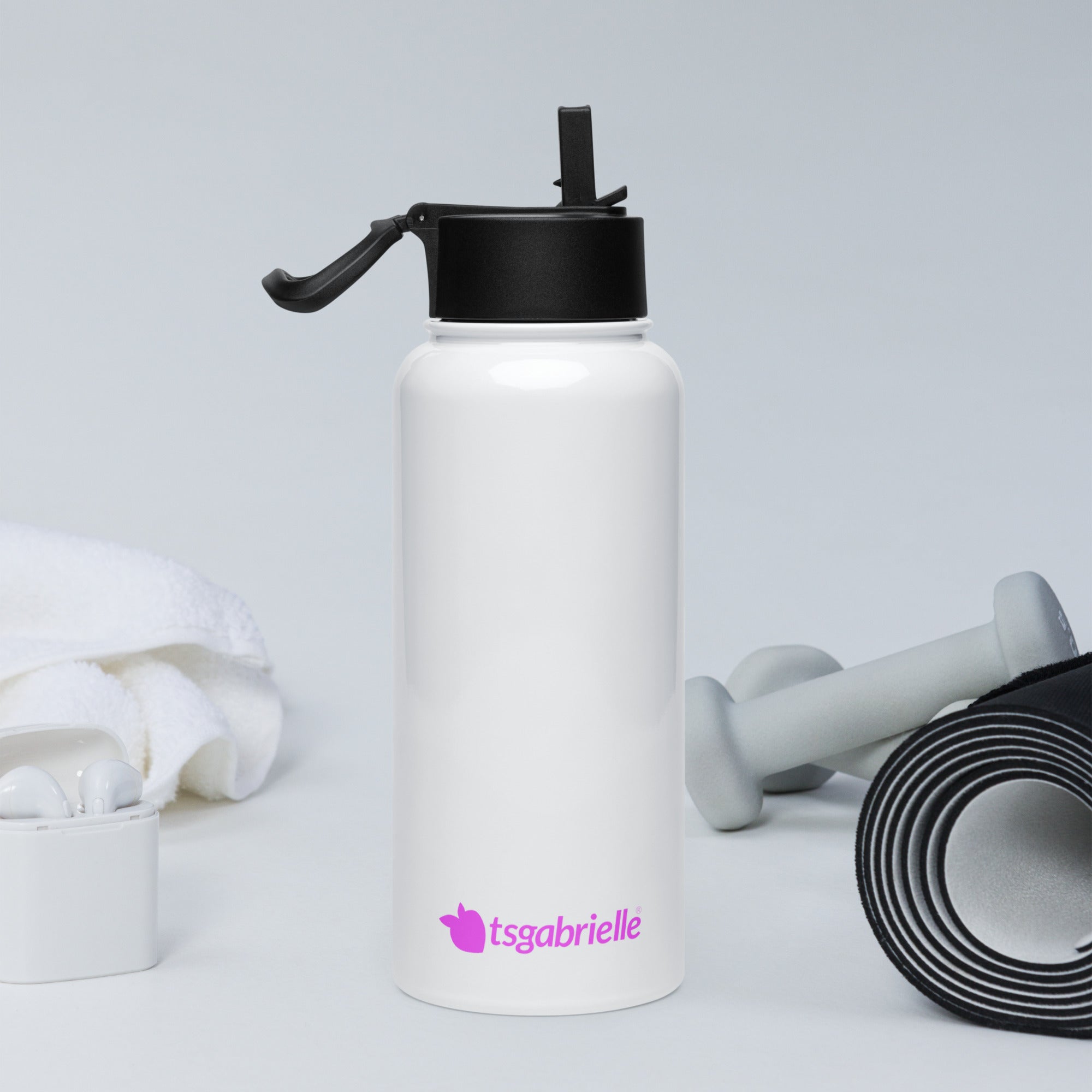 tsgabrielle® • Flamant 🦩 Rose • Water Bottle with Straw Lid • Stainless Steel • White • 32 oz •