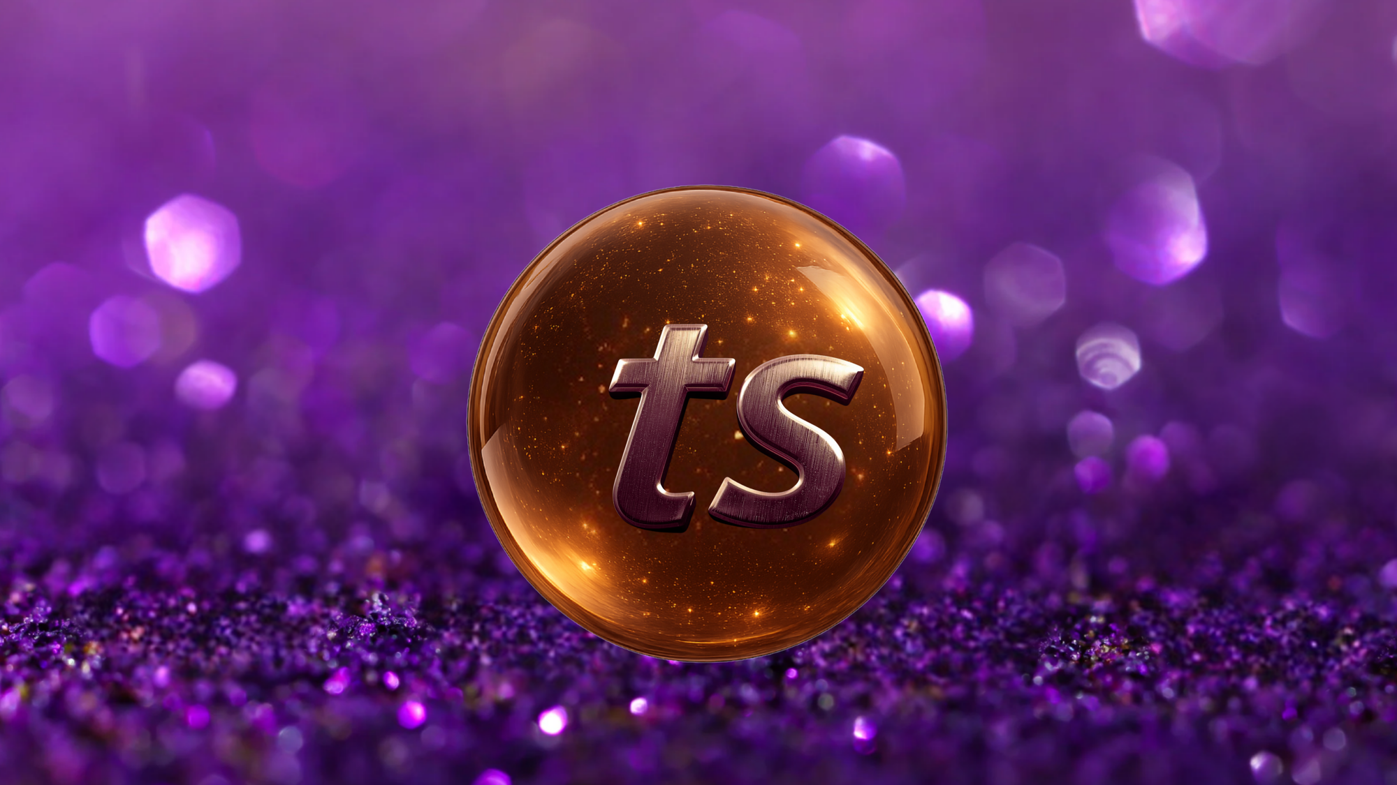 Glass orb with 'ts' logo on a purple glittery background
