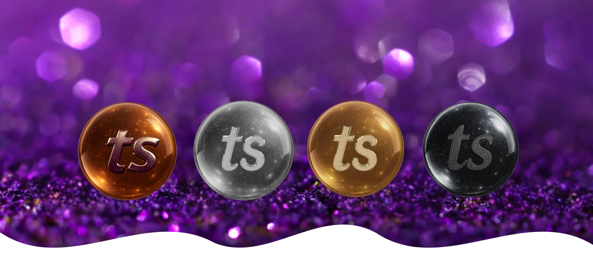 Four round metallic pins with 'ts' logo on a purple glittery background